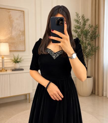 Image of Women Velvet Gown, Full Length, Puff Sleeves, Embellished Neckline, Wedding & Festive Occasion