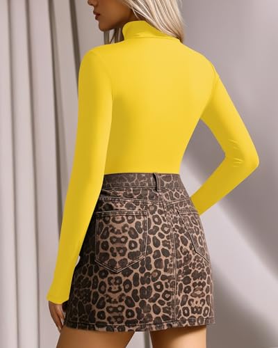 Image of MANGOPOP Women's Mock Neck /Turtle Neck Long Sleeve Modal Bodysuit Jumpsuit (Mock Neck - Yellow, XX-Large)