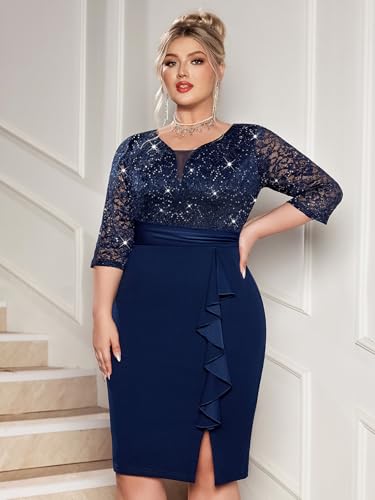 Image of MISSMAY Plus Size Lace Ruffle Cocktail Party Dress | Sequined Dress,V Neck,Ruffle Split Hem,Party Dress,Sparkle,Curvy Women,Bodycon Dress
