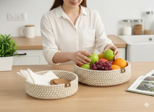 Image of Handmade Jute Cotton Storage Baskets Set of 3 for Dining Table, Fruit Basket & Roti Bowl, Cane Style Organizer for Kitchen, Home Decor, Washable Multipurpose (WhiteBeige)