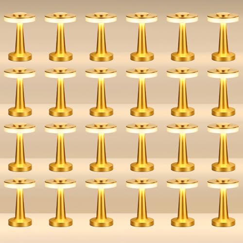 Image of Riakrum 24 Pcs LED Cordless Table Lamp Bulk Rechargeable,Gold | Portable Wireless Lamps, 3 Color Stepless Dimming, 15 Hour Battery, Touch Control, Wedding Home Restaurant Decor