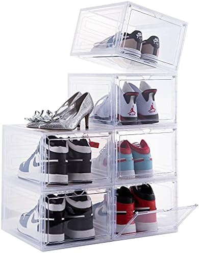 Attelite Drop Front Shoe Box,Set of 6,Stackable Plastic Shoe Box with Clear Door, As Shoe Storage Box and Clear Shoe Box,For Display Sneakers,Easy Assembly,Fit up to US Size 12(13.4”x 10.6”x 7.4”)