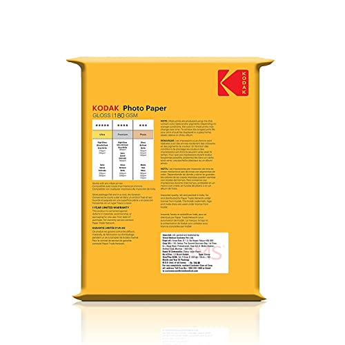 Kodak 180 GSM A4 Glossy Photo Paper – Water Resistant, Pack of 2 x 20 sheets, Compatible with all Inkjet Printers