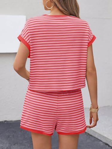 Image of Tankaneo Womens Summer 2 Piece Sets Striped Short Sleeve T Shirts and Shorts Loungewear Matching Set