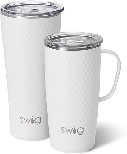 Swig Life Juego de pelota de golf XL | Taza de viaje de 22 onzas con asa y tapa + vaso con triple aislamiento de 32 onzas con tapa, acero