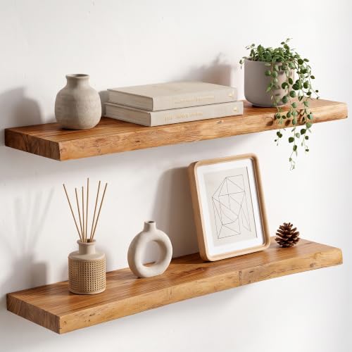 Image of Live Edge Elm Floating Shelves - 30 In Rustic Solid Wood Shelves with Heavy-Duty Invisible Bracket, Wall-Mounted Wooden Shelf for Living Room, Bathroom, Kitchen Storage & Display, Set of 2, Natural