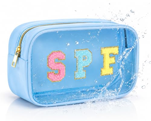 TRIP TIGER SPF Cosmetic Bag - Womens Clear Beach Makeup Organizer with Chenille Letters PVC Waterproof Toiletry Pouch for Sunscreen Pool Travel & Swimming