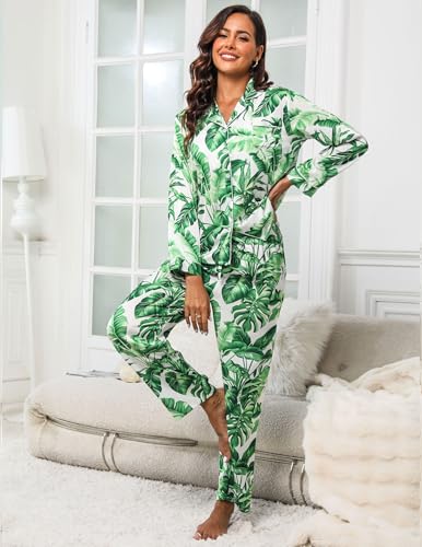 Image of UMBY Silk Satin Pajamas for Women Set 2 Piece Silk Pjs Long Sleeve Top Cozy Sleepwear Silky Pajamas