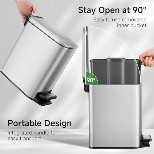 Image of TIPGO Small Bathroom Trash Can with Lid, 1.6 Gal, Soft Close, Silver