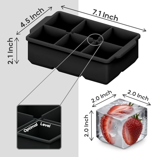 KitchFort Large Silicone Ice Cube Tray (2-Pack), Easy Release 2" Big Ice Cubes - Cocktail, Whiskey Ice Cubes Mold - Ice Trays for Freezer with Lid - Stackable Silicone Ice Tray - Black