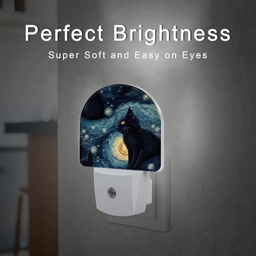 Image of Starry Night Black Cat Night Light Plug into Wall, Abstract Oil Painting Cat Dusk to Dawn Night Light Plug in,0.5w Energy Saving Sleep Friendly Nightlight for Kids Boys Girls Home Decor