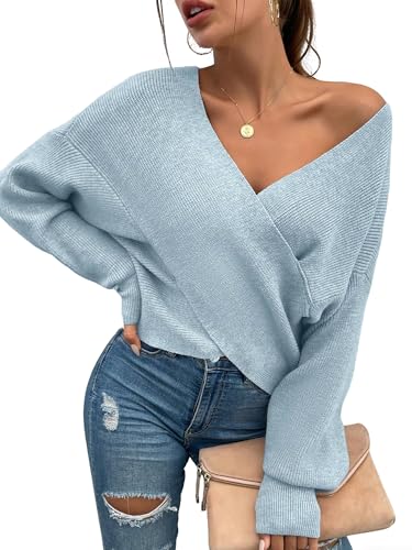 Image of ZAFUL Women's V Neck Cable Knit Sweater Long Sleeve Ribbed Crop Tops Wrap Surplice Solid Casual Pullover Jumper