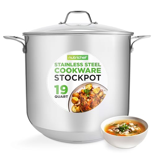 NutriChef 19-Quart Stainless Steel Stockpot – 18/8 Food Grade Heavy-Duty Induction-Compatible Pot with See-Through Lid, Ideal for Stews, Broths, Simmering & Soups, Dishwasher Safe – NCSP20