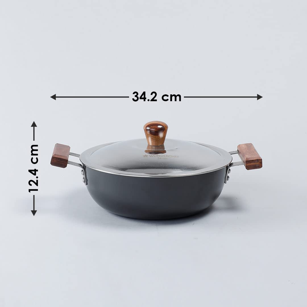 Wonderchef Ebony Aluminium Hard Anodized Deep Kadhai/Kadai with Lid - 24 cm, 3 Litre | Ideal for Sauteeing Veggies, Dal and Curries | Black - Image 4 thumbnail