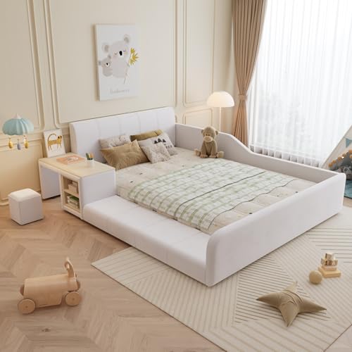 Zepneiy Lit Capitonné avec Bureau et Tabouret pour Enfant, Lit 140x200 avec Sommier et étagère de Rangement et Tete, Lit Double Cadre de Velours, Blanc(sans...