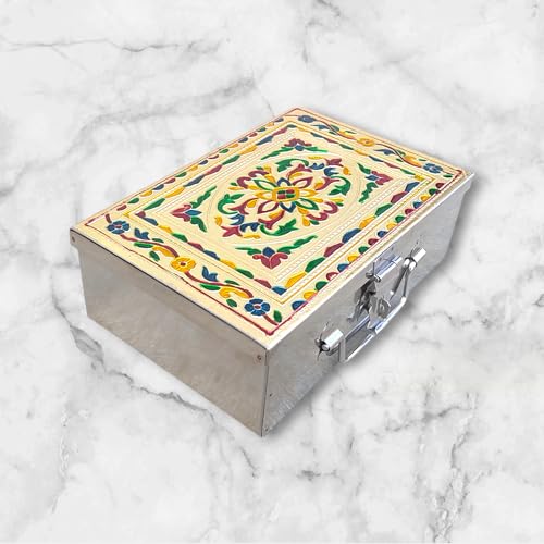 Image of Stainless Steel Storage Box, Cash Box, Pooja Peti, Organizer, Vanity Storage Box, Jewellery Safe Bank Locker, Cash Box With Handicrafts Digital Meena Kari Design (Yellow, 9 Inches)