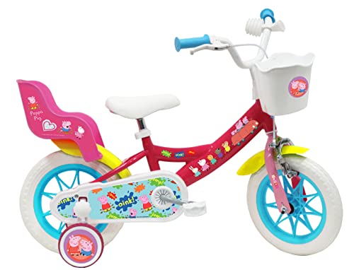 Vélo 12' Peppa Pig équipé de 1 Frein, Panier Avant, Porte poupée arrière, Garde boues, Carter et stabilisateurs, Rose Fushia