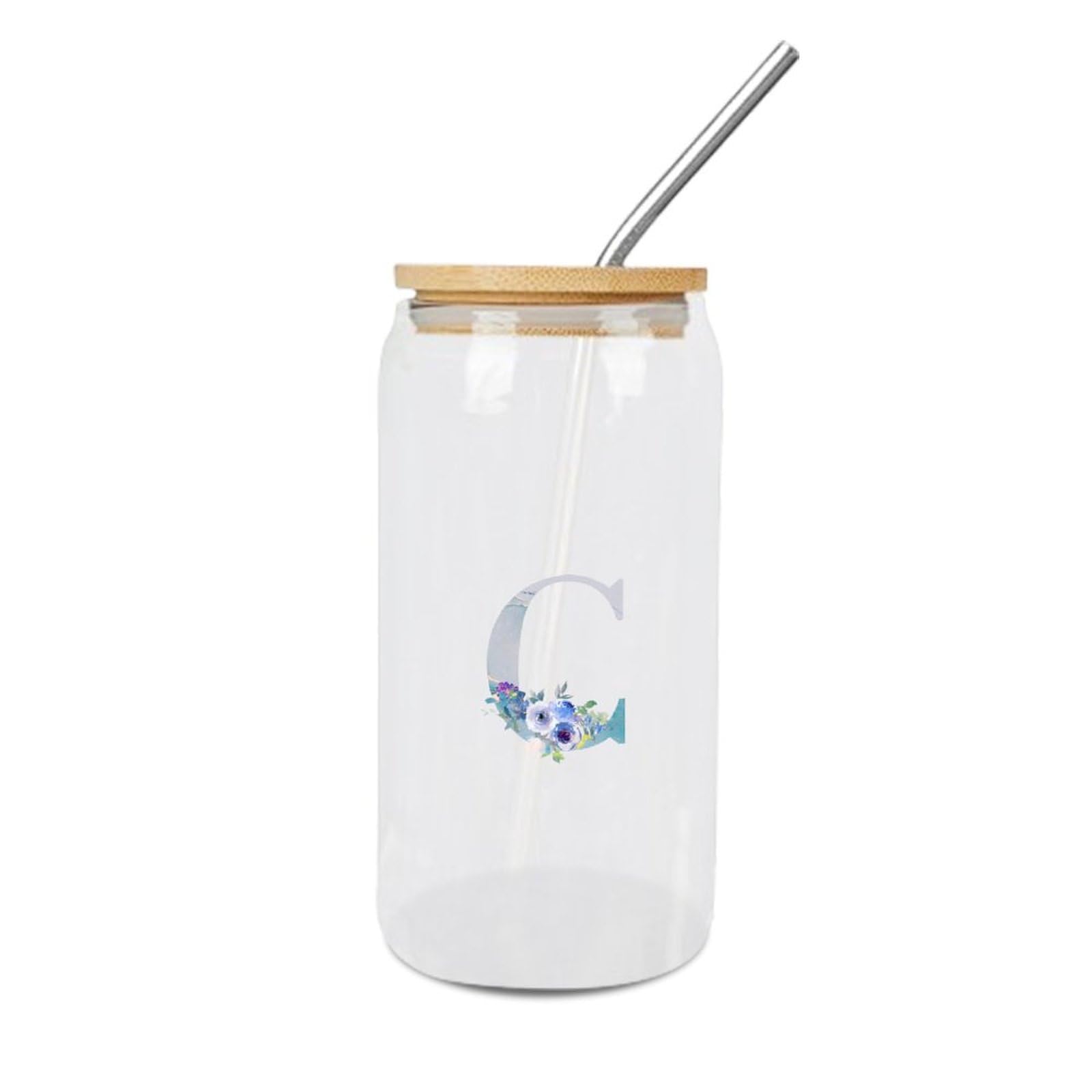 Yelolyio Glass Cups with Lids and Straws Monogram Letter C Glass Cup Marbling Letter Blue Flower Drinking Glasses Inspired Monogram Cups Great for for Soda Tea Cocktail 16 OZ