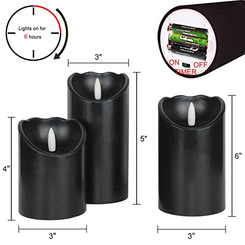 Image of Eldnacele Black Flameless Candles Battery Operated with 6 Hour Timer, Set of 3 Real Wax LED Pillar Candles Realistic 3D Wick Flickering Dinner Party Halloween Indoor Decoration(3 inchD x 4 inch5 inch6 inchH)