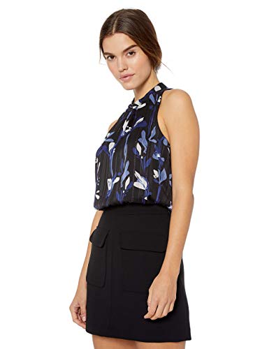 Nine West Women's Mock Neck Satin Blouse, Black/Night Sky Multi, M #TOP21