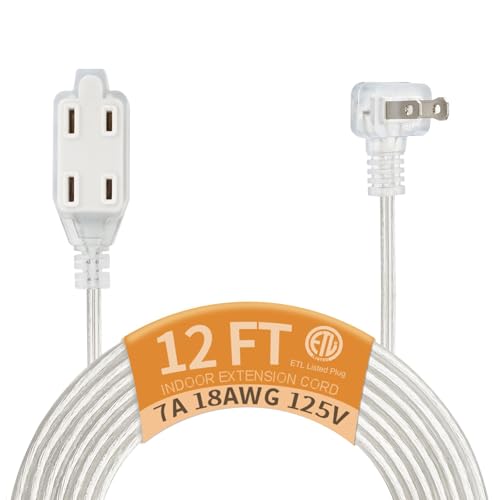 12 Ft 3 Outlet Extension Cords, Clear Extension Cord with UL-Certified, Thin Extension Cord Indoor with Multiple Outlets, 2 Prong, 2 x 18AWG 7A/125V, Male to Female, 1 Pack 12FT-1 Pack 3 Out