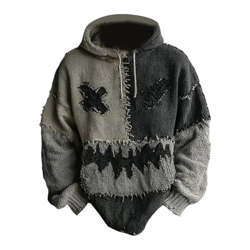 Halloween Patchwork Sweatshirts for Men Funny Pumpkin Face Graphic Hoodies Cozy Knit Hooded Pullover Fall Winter Tops2