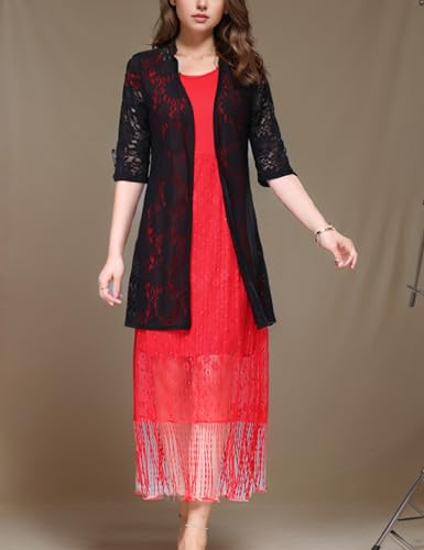 Image of FindThy Women's Short Sleeve Lace Cardigan Floral Crochet Sheer Beach Cover Up Long Kimono