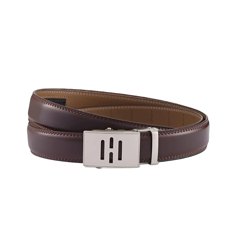 Image of HALDEN BURLEY Men's Brown Ratchet Belt | Auto-Lock Leather Formal Belt with Magnetic Buckle | Adjustable Free Size Fits Up to 44 Inch Waist