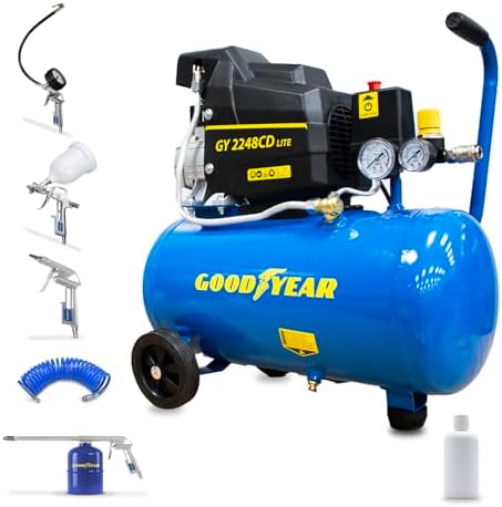 Goodyear - Compresor Eléctrico Portátil 24L con Kit 5 Accesorios, 2HP (1.5kW) Motor de Inducción, 8 bares, 165 l/min, Silencioso, Con Ruedas y Regulador - Ideal para Bricolaje y Taller
