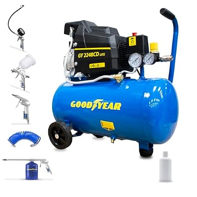 Goodyear - Compresor Eléctrico Portátil 24L con Kit 5 Accesorios, 2HP (1.5kW) Motor de Inducción, 8 bares, 165 l/min, Silencioso, Con Ruedas y Regulador - Ideal para Bricolaje y Taller