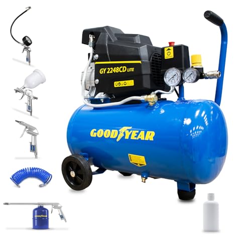 Goodyear - Compresor Eléctrico Portátil 24L con Kit 5 Accesorios, 2HP (1.5kW) Motor de Inducción, 8 bares, 165 l/min, Silencioso, Con Ruedas y Regulador - Ideal para Bricolaje y Taller