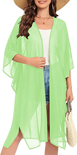 Image of Indian Trendy Women's Solid Puff Sleeve Kimono Long Cardigan Loose Cover Up Casual Blouse Top Chiffon