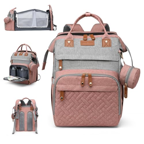 Image of AHNTTGS Baby Diaper Bags with Changing Station, Large Capacity Diaper Bag Backpack for Moms Dads with USB Charging Port,Travel Baby Bag with Pacifier Case & Stroller Straps(Up-PinkGrey)