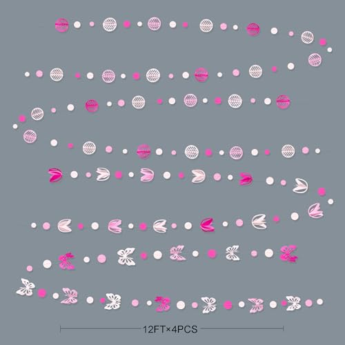 Image of Spring Party Decorations Hot Pink White 3D Butterfly Tulip Flower Leaf Circle Dot Garland Hanging Paper Streamer for Pink Spring Summer Wedding Engagement Bridal Shower Birthday Tea Party Supplies