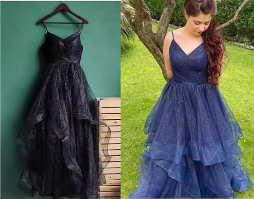 Asulla V Neck Tulle Prom Dress Long Tiered Formal Evening Dresses Spaghetti Strap Ball Gown4