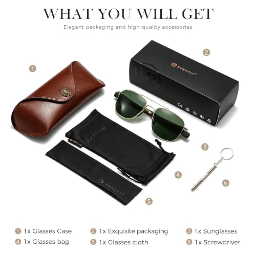 Image of SUNGAIT Real Glass Lens Sunglasses Military Style Pilot Aviator HD Shades with Upgraded Spring Hinge Bayonet Temples