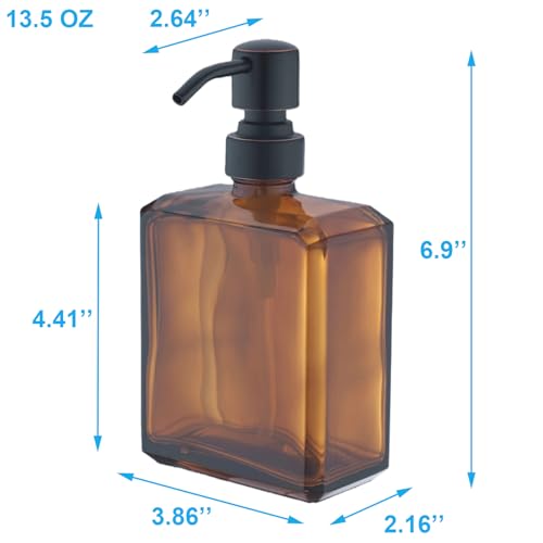 Image of Amber Soap Dispenser Square Bottle and Oil Rubbed Bronze Pump, Glass Dish Soap Dispenser with Stainless Steel Pump, 13.5 oz Lotion Dispenser for Bathroom, Kitchen Countertop