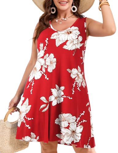 Image of JollieLovin Women Plus Size Curvy Summer Tank Sun Dresses Sleeveless Causal T-Shirt Dress Beach Swing Cover up(L-5X)