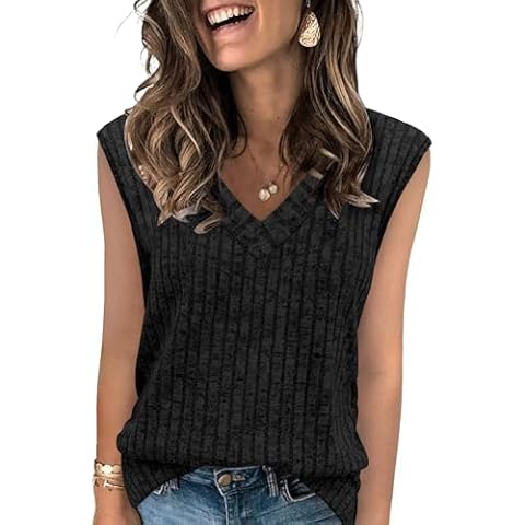 SAMPEEL Sleeveless V Neck Sweater Vest Tops Basic Professional Work Teacher Spring Tank Top T Shirts Black XL Cover