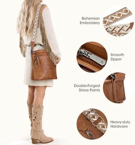 RAINSMORE Women's Medium Leather Crossbody Bag - Lightweight Purse for Weekend Shopping, Everyday Outings, Travel, Designer Trendy Shoulder Handbags with Adjustable Guitar Strap, Multiple Pockets - 5