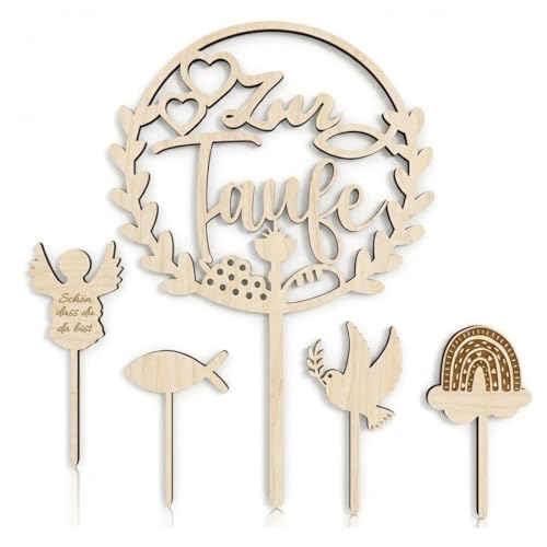 JIRVEX Topper de pastel Confirmación Set de 5 Madera personalizado con Nombre Fecha Decoración Tarta cristiana para Niños y Niñas