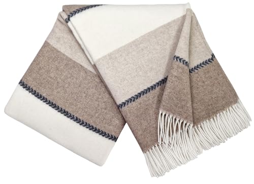 STTS International Cashmere Blanket, Wool Blanket, 100% Merino Wool, Cashmere Mix, 140 x 200 cm, Very Soft Plaid Cuddly Blanket, Faro (Beige/Brown/White (K))
