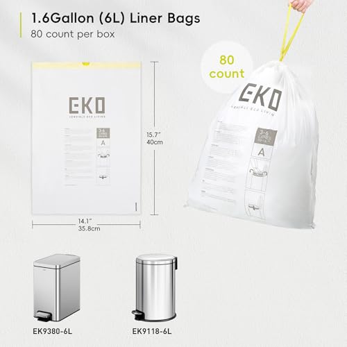 Image of EKO 1.6 Gallon / 3-6 Liter, 80 Count Small Drawstring Trash Bags, Extra-Strong Unscented Garbage Bags, Easy-Dispense Roll for Kitchen & Household Use, Resists Tears, Leaks and Punctures, Code A, White