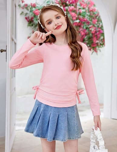 Image of Arshiner Girls Long Sleeve Shirts Ruched Knot Side Tunic Blouse Tee Tops