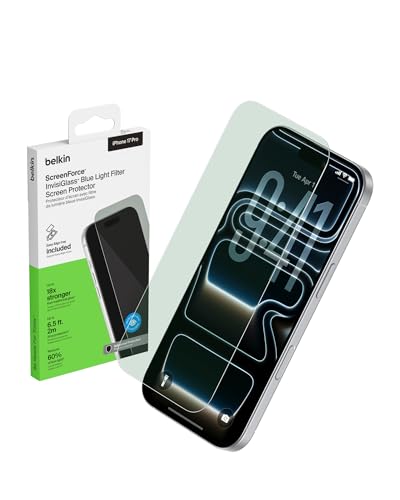 Image of Belkin EZ Align iPhone 17 Pro Tempered Glass Screen Protector Guard, InvisiGlass Blue Light Filter Screen Protector, Scratch-Resistant