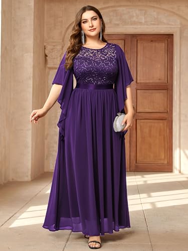 Image of Miusol Women's Plus Size Sequin Lace with Ruffle Cape Cloak Sleeves Elegant Evening Gown Wedding Guest Maxi Dress