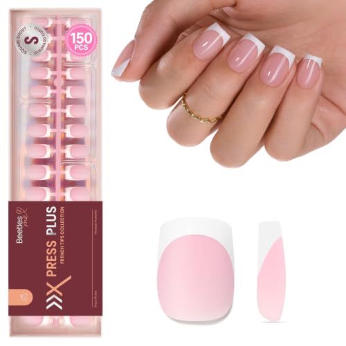 Beetles French Tips Press On Nails: 150 Pcs Pink Short Square Press On Nails Fake Nail Tips, Reusable Acrylic Gel Nail False Nails Art DIY Gifts For Women