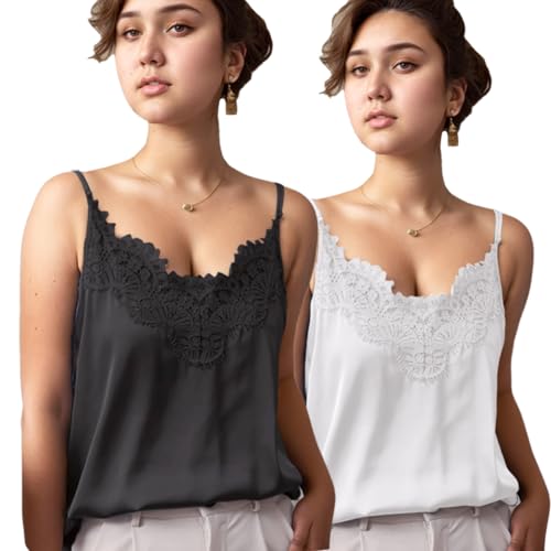 Silk Camisole Tops for Women, Sexy V-Neck Silk Satin Tank Tops Lace Trimmed Camisole