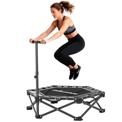 SPORTNOW Trampolín de Fitness Plegable 104 cm, Mini Cama Elástica con Barra Ajustable en 3 Alturas, Silencioso, Marco Metálico Reforzado y Bolsa de Transporte, para Entrenamiento en Hogar, Gimnasio