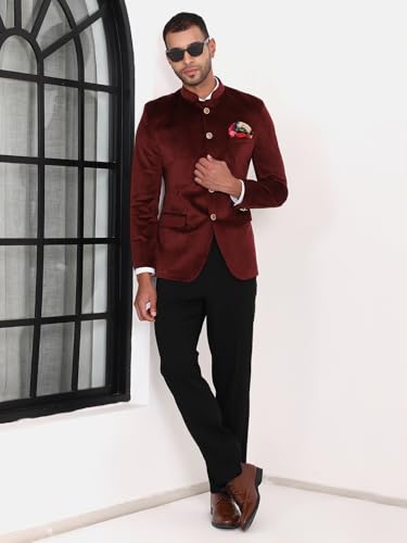 Image of MANQ Men Slim Fit Bandhgala Velvet Blazer - Mandarin Collar, Button Closure, Long Sleeves, Solid Ethnic Winter Wear with Three Pockets for Adults
